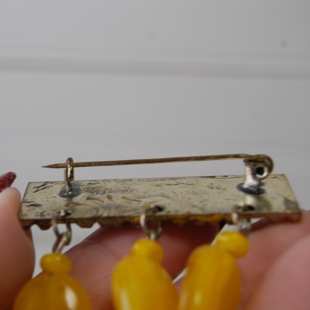 Yellow Brooch Vintage Beaded Dangle Silver-tone Glass bead Statement Jewelry - Picture 7 of 8